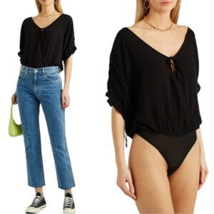 Free People Intimately Black Short Sleeve Cleo Bodysuit Top Black Sz XS